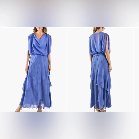 Komarov Charmeuse & Chiffon Blouson Gown Blue Pleated Tiered Maxi Dress M $488